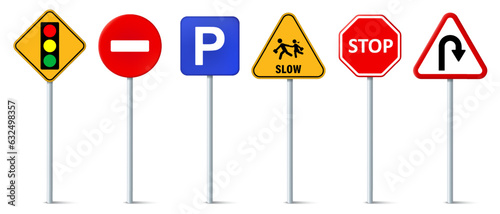 Set of road signs, Traffic signs. Signal ahead, No entry, Parking, School crossing, Stop and U turn ahead symbol. photo