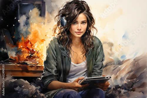 Beautiful young woman listening to music with headphones. Digital painting.