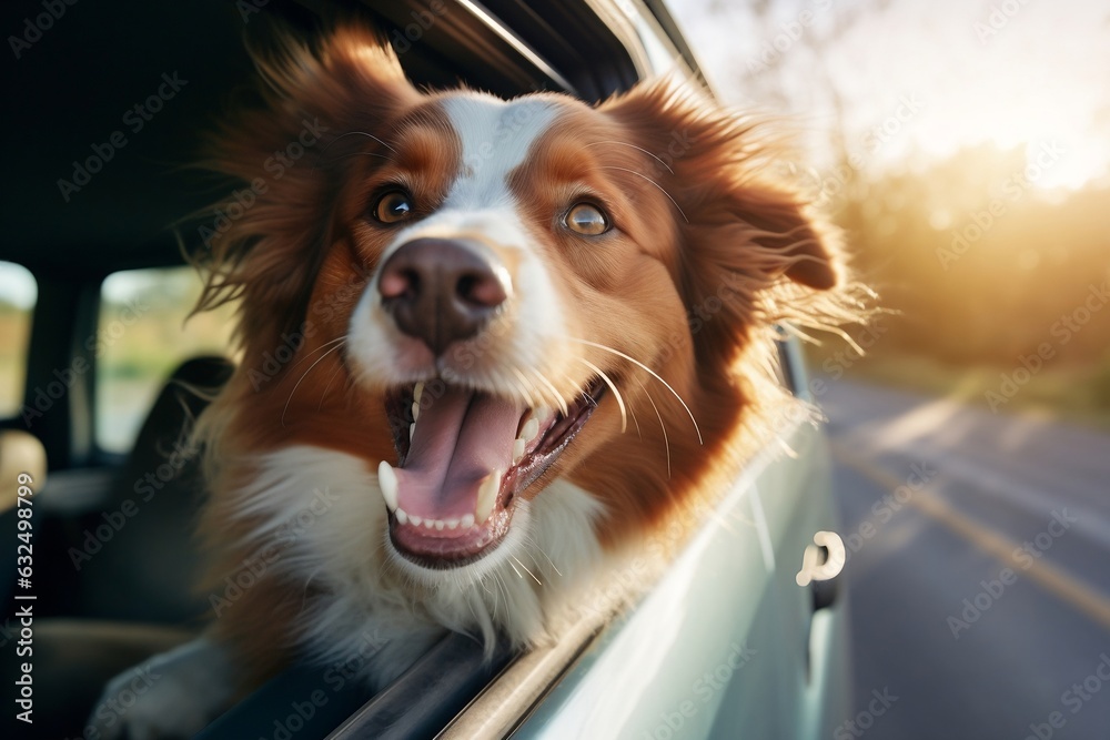 A cute and happy dog looking out of a car window, Generative Ai