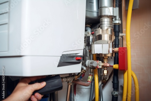 Hydraulic mechanic installer repairs gas water heater in a house