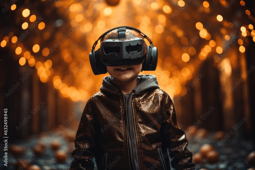 Boy wearing virtual reality headset and in halloween costumes. VR goggles. Generative AI Boy wearing virtual reality headset and in halloween costumes. VR goggles. Generative AI