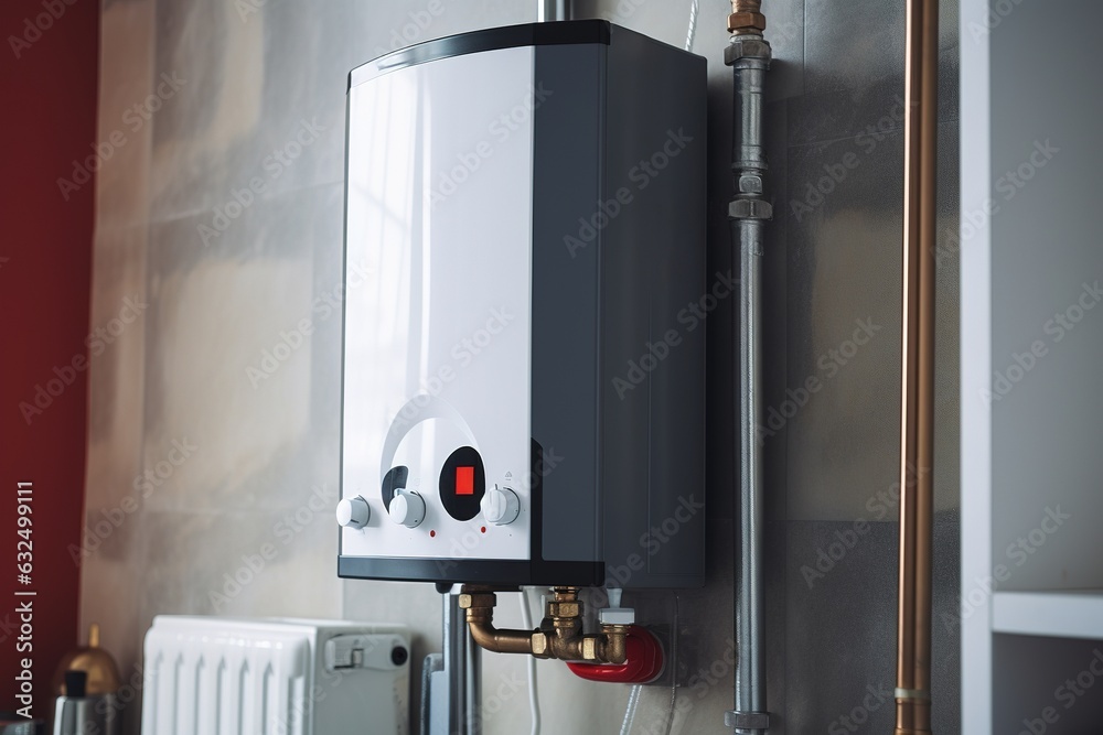 Wall in the bathroom with a mounted gas water heater. Gas boiler - heating and hot water supply