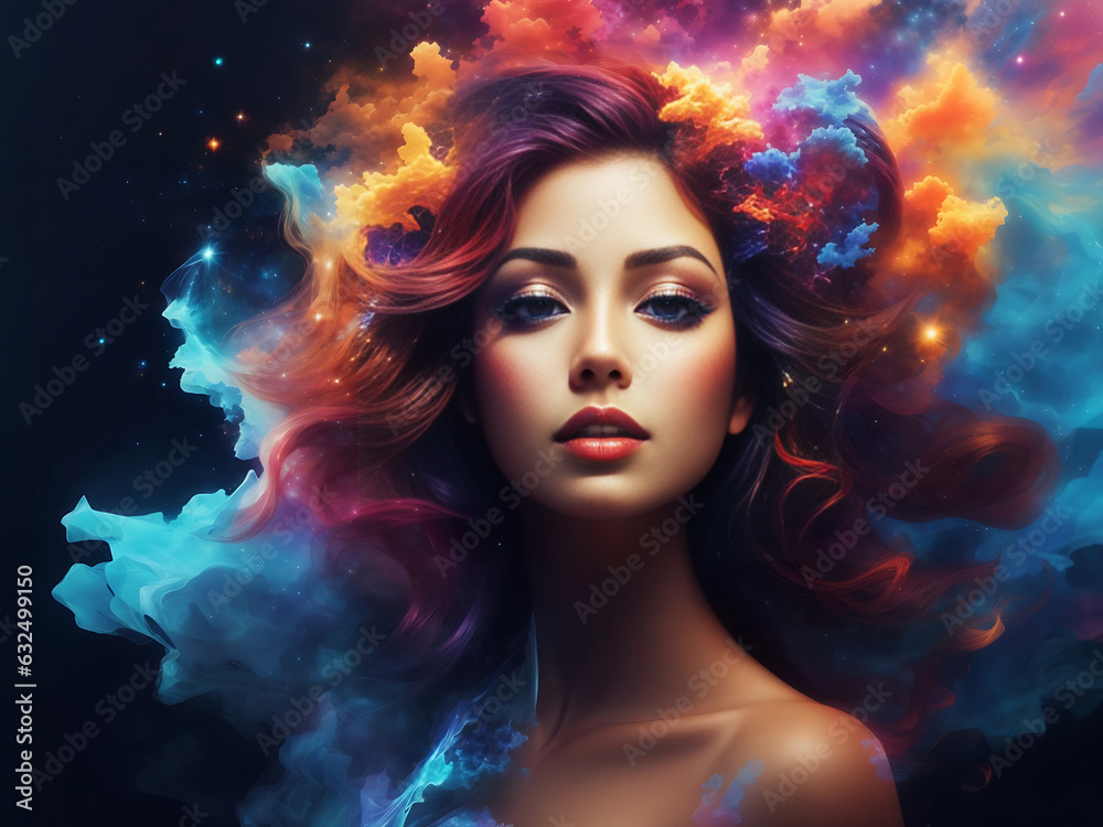 Beautiful fantasy abstract portrait of a beautiful woman double exposure with a colorful digital paint splash or space nebula, generative ai