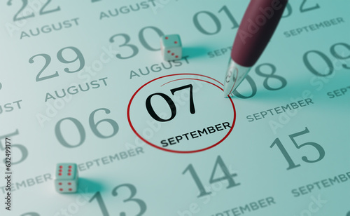 September 7th Calendar date. close up a red circle is drawn on September 7th to remember important events