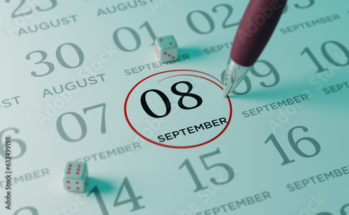 September 8th Calendar date. close up a red circle is drawn on September 8th to remember important events