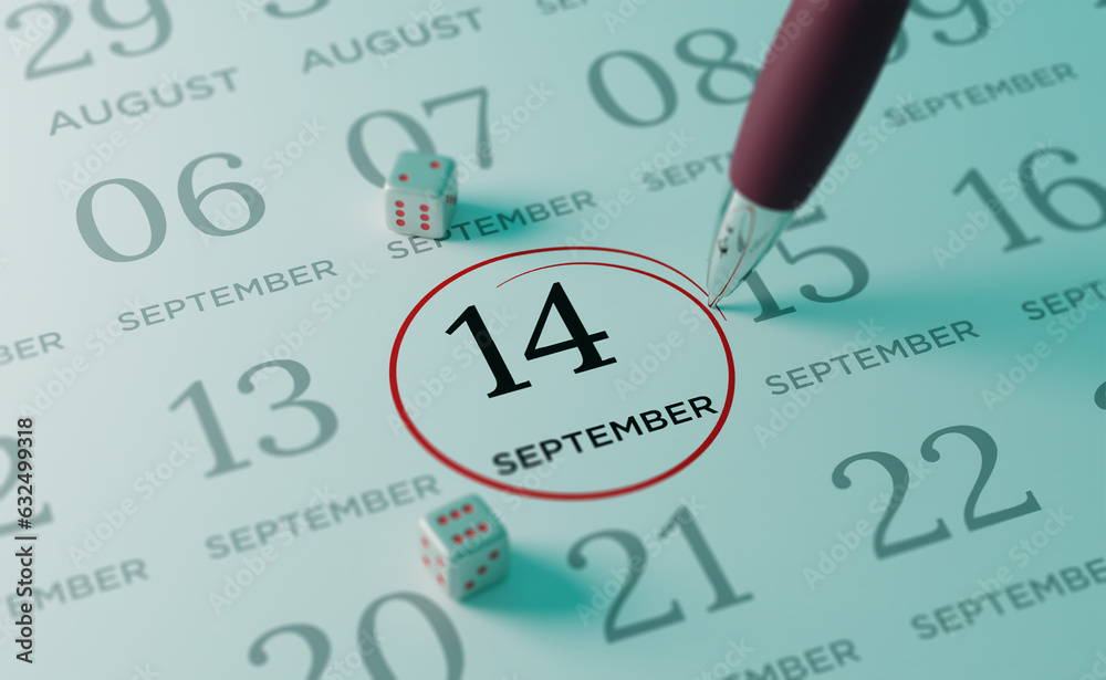 September 14th Calendar date. close up a red circle is drawn on