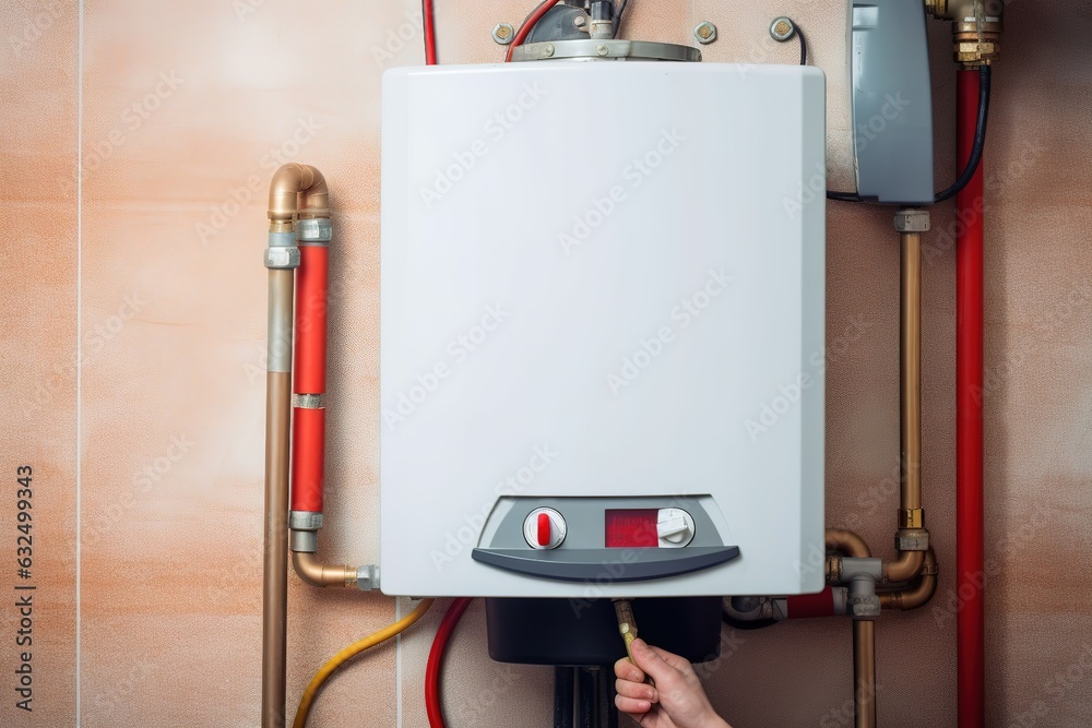 Hydraulic mechanic installer repairs gas water heater in a house