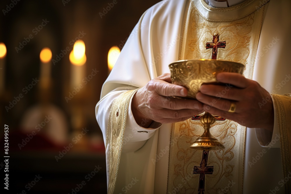 Catholic priest administers Holy Communion in the church