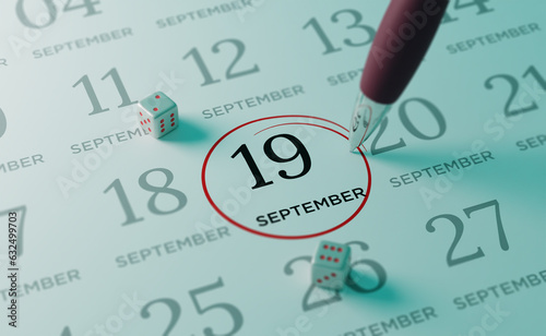 September 19th Calendar date. close up a red circle is drawn on September 19th to remember important events
