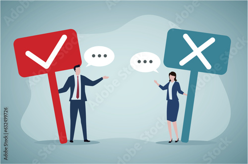 Discuss to get solution to solve problem, brainstorm conversation or quiz concept, businessman and woman debating.