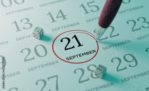 September 21st Calendar date. close up a red circle is drawn on September 21st to remember important events
