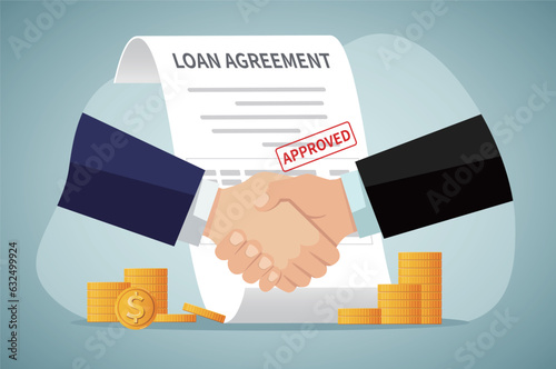 Loan agreement borrow money from bank, mortgage, debt or obligation to pay back interest rate, personal loan or financial support concept, businessman shaking hand with loan agreement and money.
