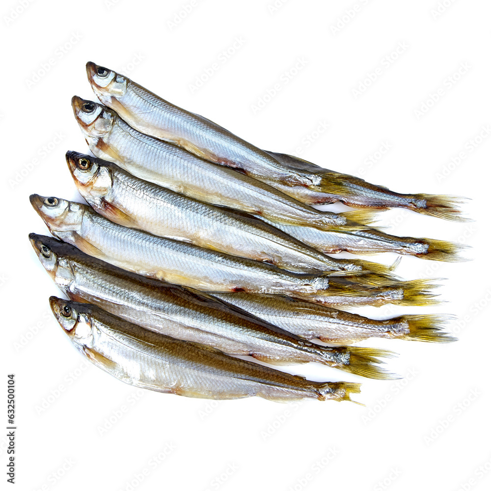 Smallmouth smelt slightly salted dried on a white background Smallmouth smelt slightly salted dried on a white background