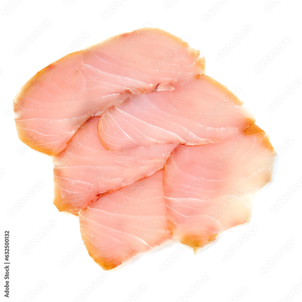 Marlin slices cold smoked on a white background