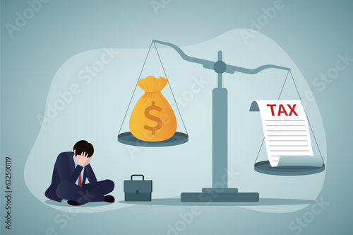 Scales, debt and taxes outweigh income. Unhappy businesswoman without money, bankruptcy. Tax avoidance. Sad character, business problem. Financial crisis concept. Flat vector illustration