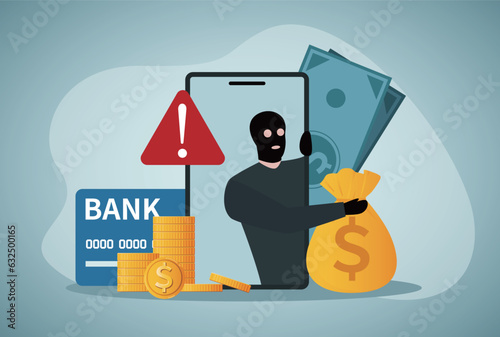 Thief on mobile phone screen stealing money. Criminal hacker hacking flat vector illustration. Online crime, cyber fraud concept for banner, website design or landing web page.