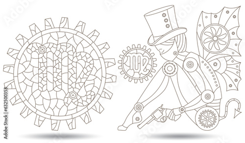 Set of contour illustrations in the style of stained glass with steam punk signs of the zodiac Virgo, dark contours on a white background