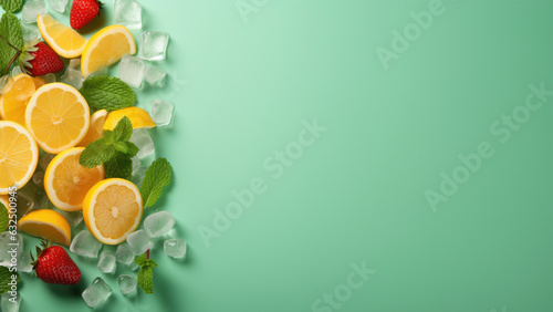 Top view group of fresh lemon slices, strawberry, mint, and ice cubes with copy space