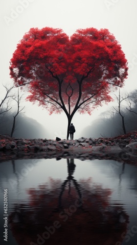 A couple standing under a red tree next to a body of water. AI.