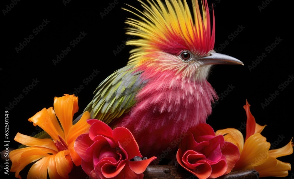 A colorful bird sitting on top of a wooden branch. AI.