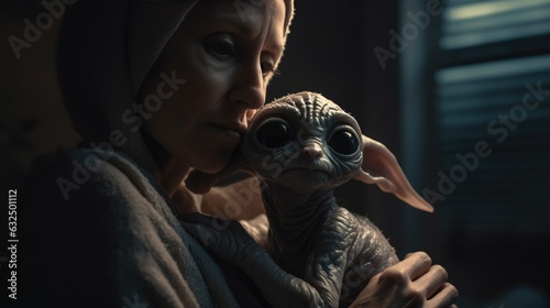 Extraterrestrial reptilian alien mother with big blue eyes and her newborn baby portrait, careful and cautious expression, fear of the unknown, endearing precious moment of loving care - generative ai photo