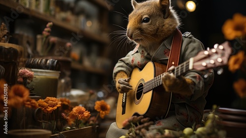 A hamster playing a guitar in a store. AI.