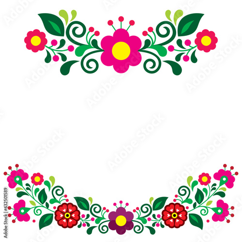 Mexican folk art style vector floral greeting card design elements, retro vibrant patterns set inspired by traditional embroidery from Mexico