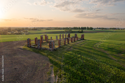 Ruins of an ancient building that looks like Stonehenge  drone view  Smiltene  Latvia