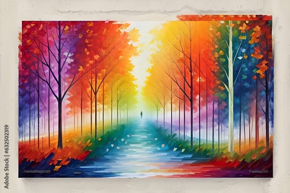 Painting of a row of colorful trees. AI generated illustration