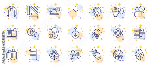 Outline set of Bitcoin pay, File and Electricity bulb line icons for web app. Include Internet chat, Time, Internet notification pictogram icons. Seo statistics, Sale, Scroll down signs. Vector