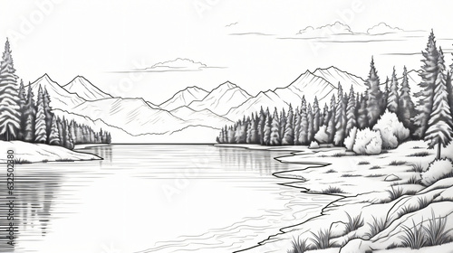 A delightful printable black-and-white page of a landscape for kids. 
