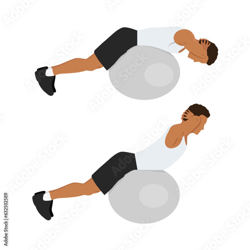 Man doing stability or swiss ball back extensions exercise. Flat vector illustration isolated on white background