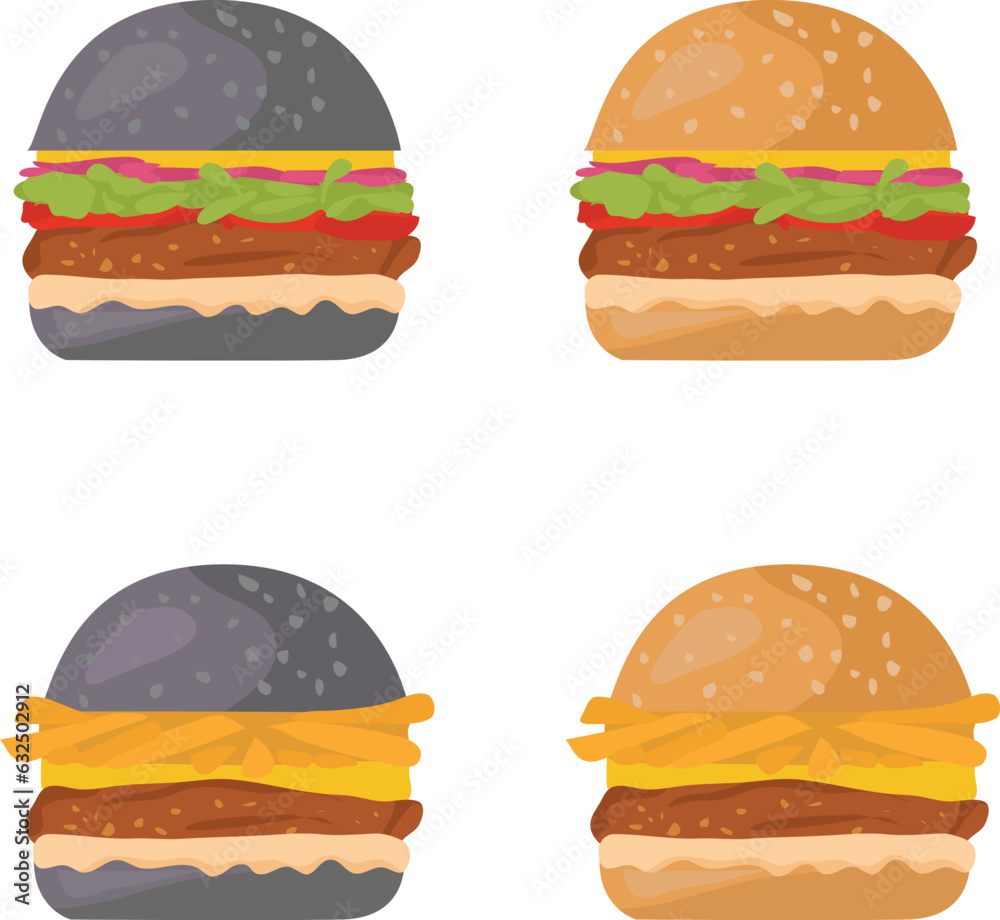 Burger Set, Classic, Hamburger, Black Hamburger and Vector illustration in flat cartoon style Burger Set, Classic, Hamburger, Black Hamburger and Vector illustration in flat cartoon style