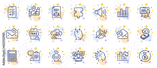 Outline set of Clipboard, Change money and Stress line icons for web app. Include New mail, Interview, Difficult stress pictogram icons. Cashback, Send mail, Graph chart signs. Vector