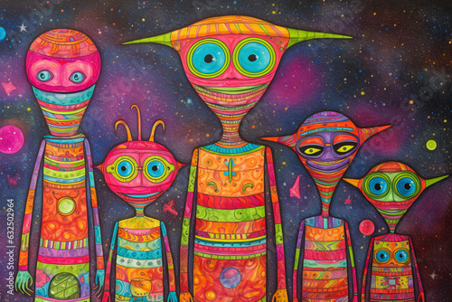 A silly picture of a family of alien monsters drawn by an alien child with colorful pencils. Generated by AI