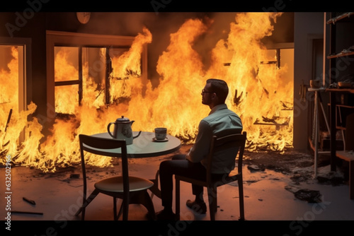 A person sitting calmly in a chair in a room caught on fire. A meme scene depicting someone not carrying about the destruction of surroundings. Generated by AI