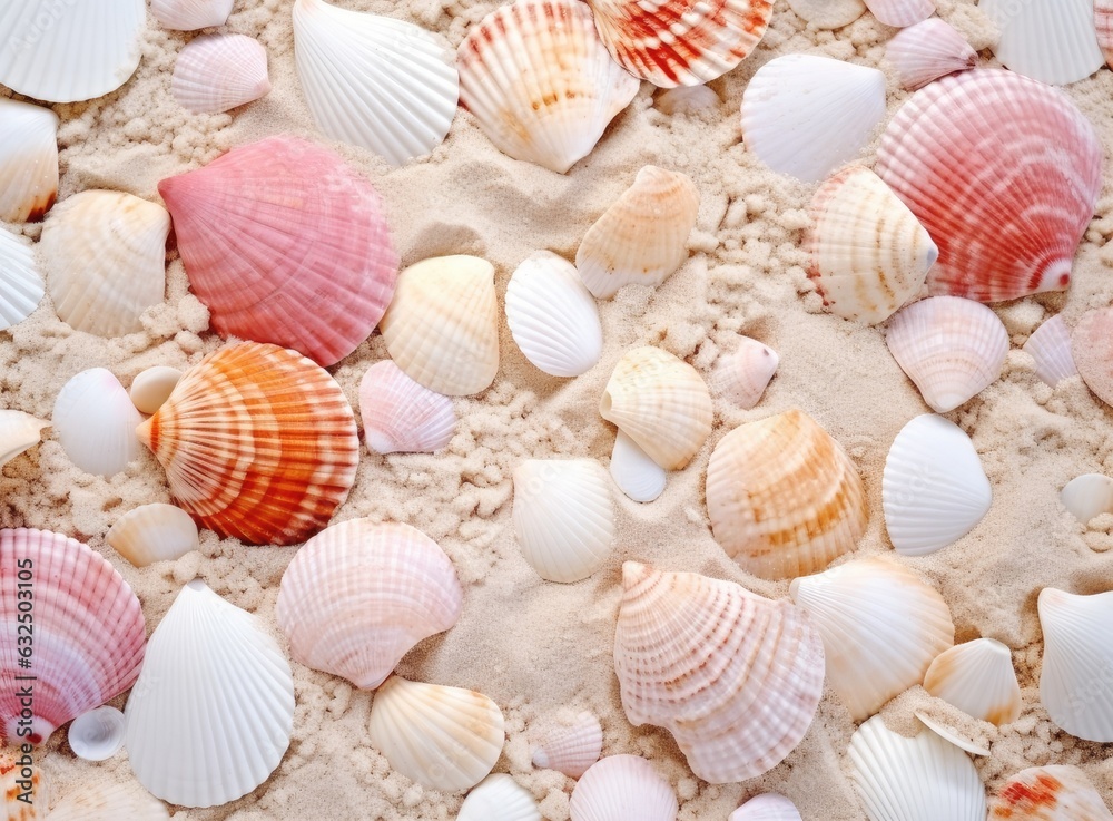 Seashells on sand. Sea summer vacation background with space for the text. Created with Generative AI technology.