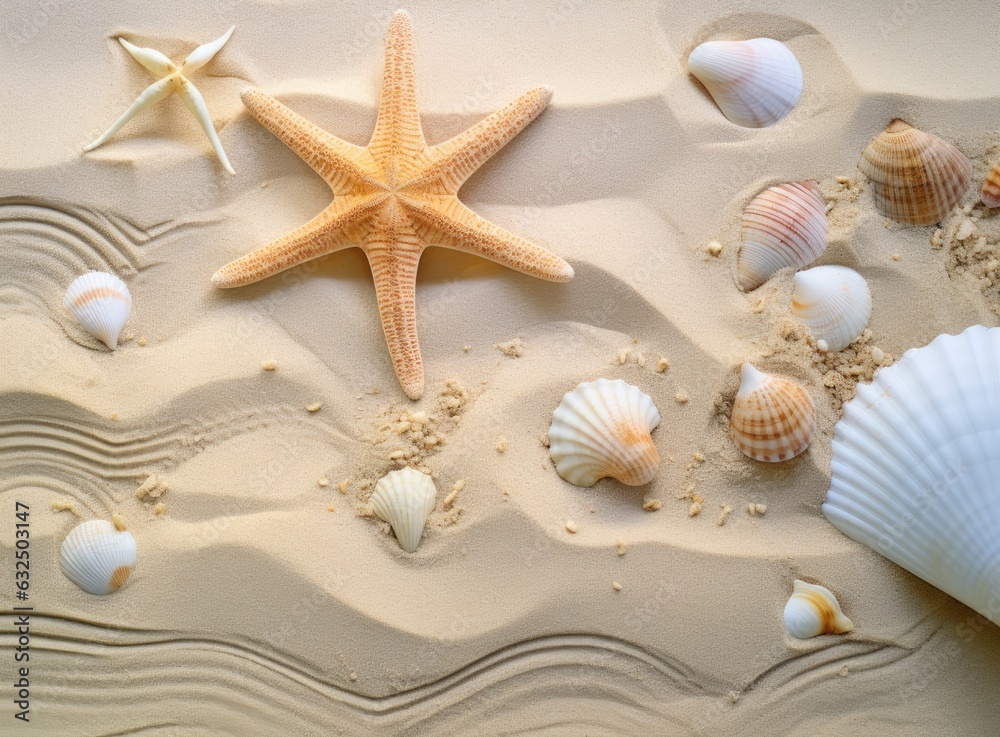 Seashells on sand. Sea summer vacation background with space for the text. Created with Generative AI technology. Seashells on sand. Sea summer vacation background with space for the text. Created with Generative AI technology.