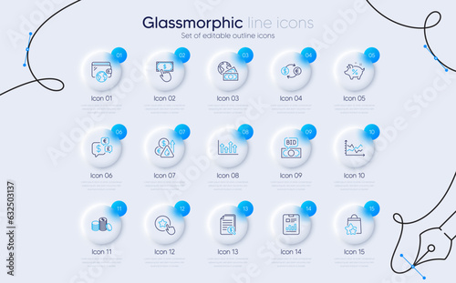 Set of Bid offer, Payment click and Diagram chart line icons for web app. Report document, Loan percent, Upper arrows icons. Loyalty star, Wallet, Banking money signs. Currency exchange. Vector