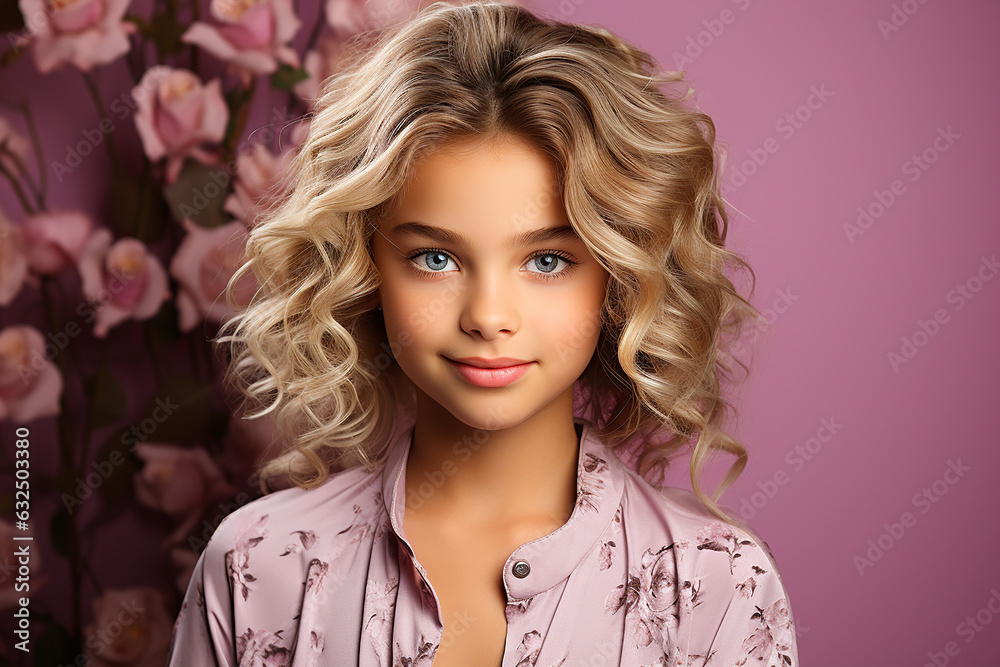 Generative ai studio portrait of cute curly little teen blonde girl on colour background. teenager