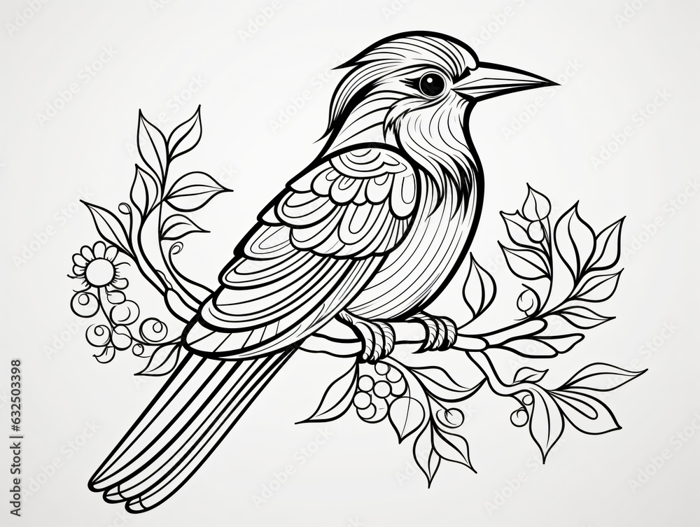 A delightful printable black-and-white coloring page of a bird for kids. 