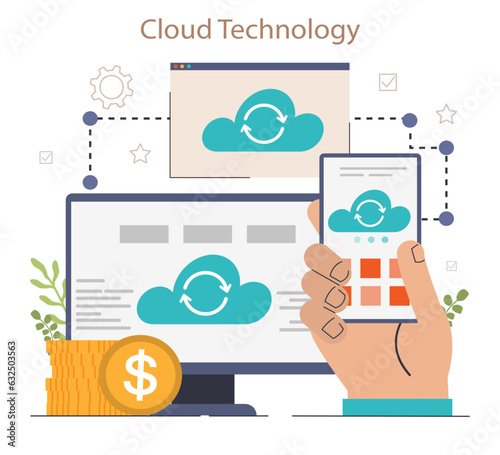 Fintech. Cloud technology. Data storage and exchange between device