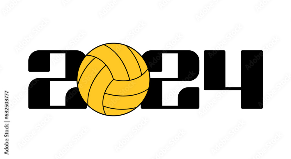 Happy New Year 2024 and volleyball ball. Sports greeting card with sport ball. Vector illustration