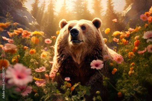 Brown bear on a flower meadow