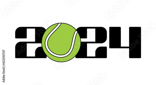 Happy New Year 2024 and tennis ball. Sports greeting card with sport ball. Vector illustration