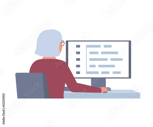 Elderly gray-haired woman pensioner sits back at table, senior at computer online. Programmer of code, software developer. Remote work, distance learning, freelance for retired people. Vector