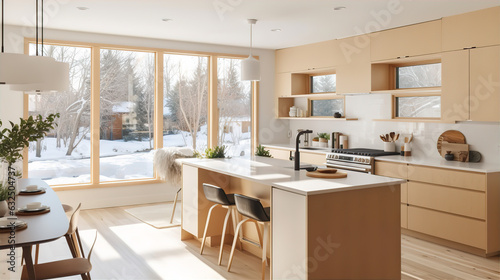 Bright Modern White Kitchen with Kitchen Island/Table - AI Generated 