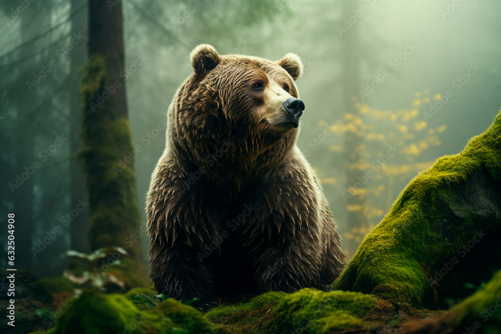 Obraz premium Brown bear in the misty morning forest