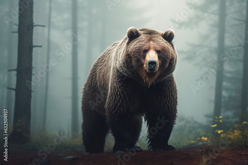 Brown bear in the misty morning forest