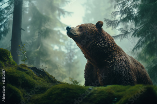 Brown bear in the misty morning forest